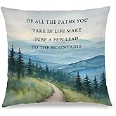JOQUXI Watercolour Mountain Nature Forest Inspirational Pillow Covers 18x18, Rustic Of All the Paths You Take in Life Decorative Throw Pillow Covers for Home Bedroom Living Room