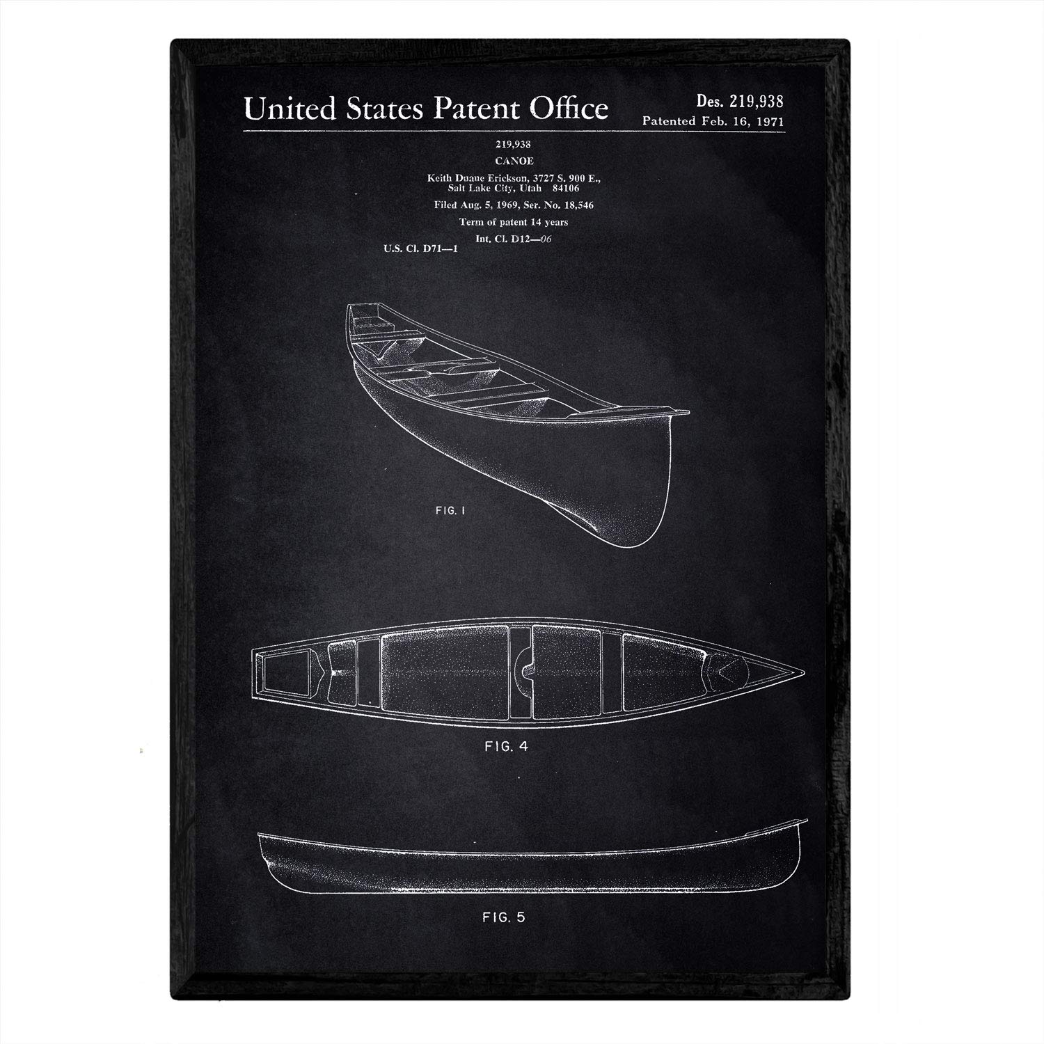 Nacnic patent Poster Kayak 1. Foil with old design patent in A3 size with black background