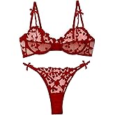 Lilosy Sexy Underwire Cute Push Up Strappy Embroidered Mesh Sheer Lingerie Set See Through Panty Bra