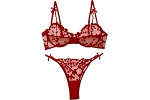 Lilosy Sexy Underwire Cute Push Up Strappy Embroidered Mesh Sheer Lingerie Set See Through Panty Bra