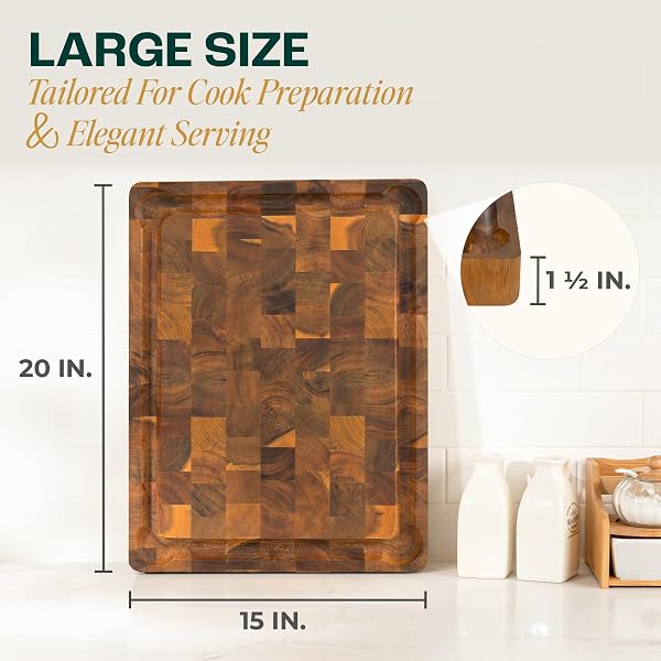 YES4ALL DURABLE ACACIA CUTTING BOARDS FOR KITCHEN, [20”LX15”WX1.5” THICK] LARGE END GRAIN CUTTING BOARD, PRE OILED WOOD CUTTING BOARDS, THICK CHOPPING BOARD W/JUICE GROOVES AND EASY GRIP HANDLE