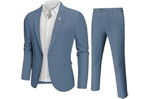 Hihawk Men 2 Piece Regular Fit Linen Suit, Casual Blazer Pants Set, Lightweight Jacket Trouser for Wedding Prom