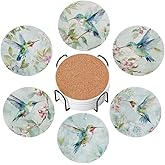 Aowced Drink Absorbent Coasters with Holder Set of 6, Ceramic Stone with Cork Base, Watercolor Hummingbird and Flowers Coaster for Drinks, Gift for Housewarming Room Bar Home Decor Kitchen