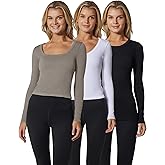90 Degree By Reflex Womens 3 Pack Ribbed Seamless Crew Neck, Scoop Neck and Sqaure Neck Long Sleeve Top