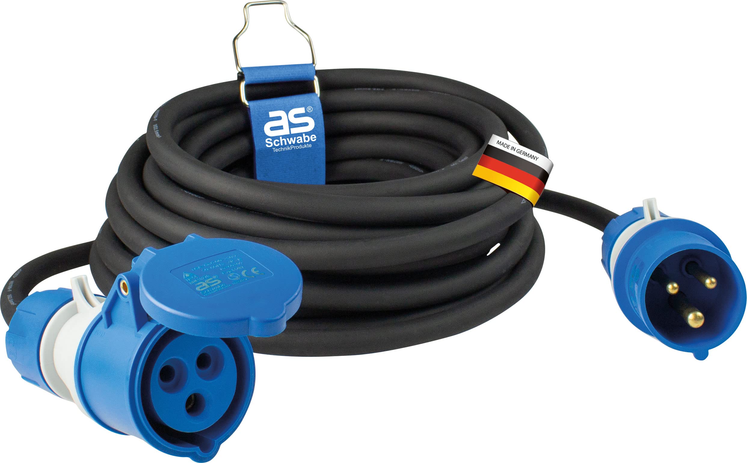 as - Schwabe Camping Extension Cable 10 m - 230 V / 16 A / 3-Pin - CEE Plug with Voltage Indicator - CEE Coupling with Hinged Lid - Motorhome Extension - Made in Germany - IP44, 61407
