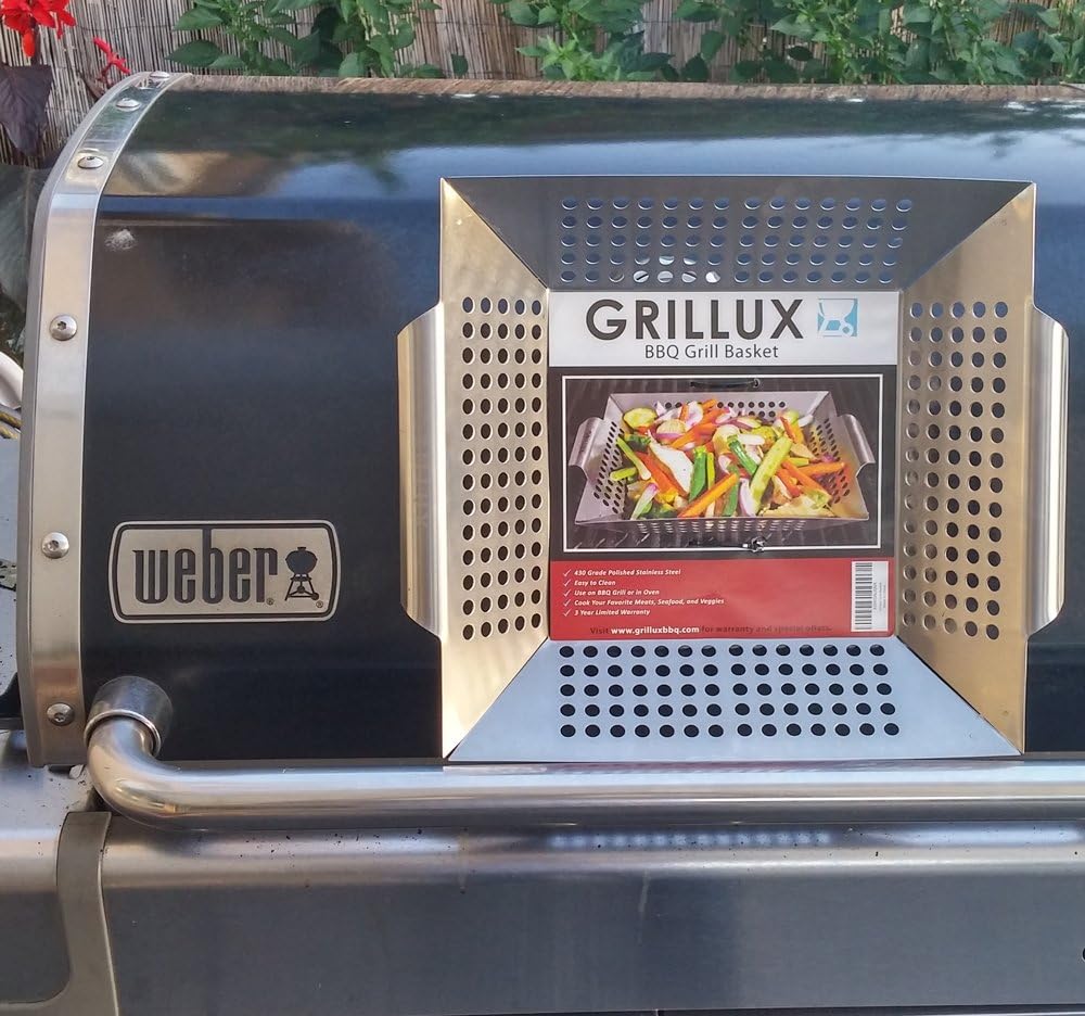 Grillux 3 x Vegetable Grill Basket BBQ Gift Accessories for Grilling Veggies - Use as Wok, Pan, or Smoker - Quality Stainless Steel - Camping Cookware - Charcoal or Gas Grills OK
