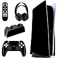 PlayVital Black Full Set Skin Decal for ps5 Console Disc Edition, Sticker Vinyl Decal Cover for ps5 Controller & Charging Station & Headset & Media Remote