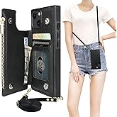 Bocasal Crossbody Wallet Case for iPhone 13 with RFID Blocking Card Slot Holder, Magnetic Flip Folio Purse Case, PU Leather Zipper Handbag with Detachable Lanyard Strap 6.1 Inch 5G (Black)