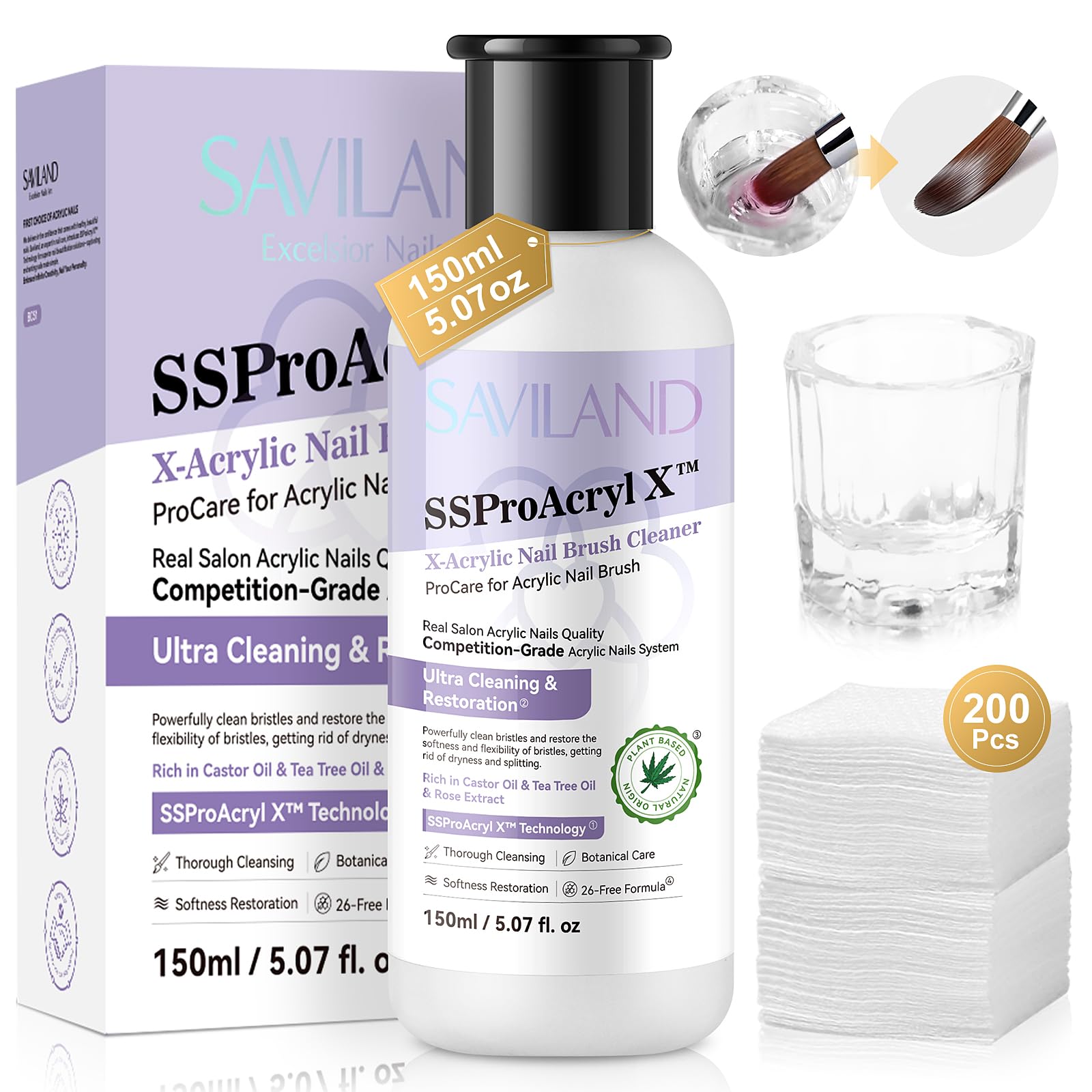 SAVILAND Acrylic Nail Brush Cleaner Set: Plant-Based With Tea Tree & Castor Oil, Strong Cleaner With Dappen Dish for All Brushes, Nail Art Clean & Restore - Salon Use