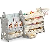 UNICOO® Kids Tree House Design Kids Bookshelf and Toy Storage Organizer, 3-Tier Bookshelves with 4-Tier Storage Rack, 14 Storage Bins for Nursery, Playroom, Study Room (Grey & Cream)