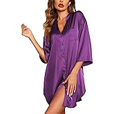 Ekouaer Satin Nightgowns for Women Silk Sleepwear Button Down Sleepshirt 3/4 Sleeve V-Neck Nightshirts with Pockets