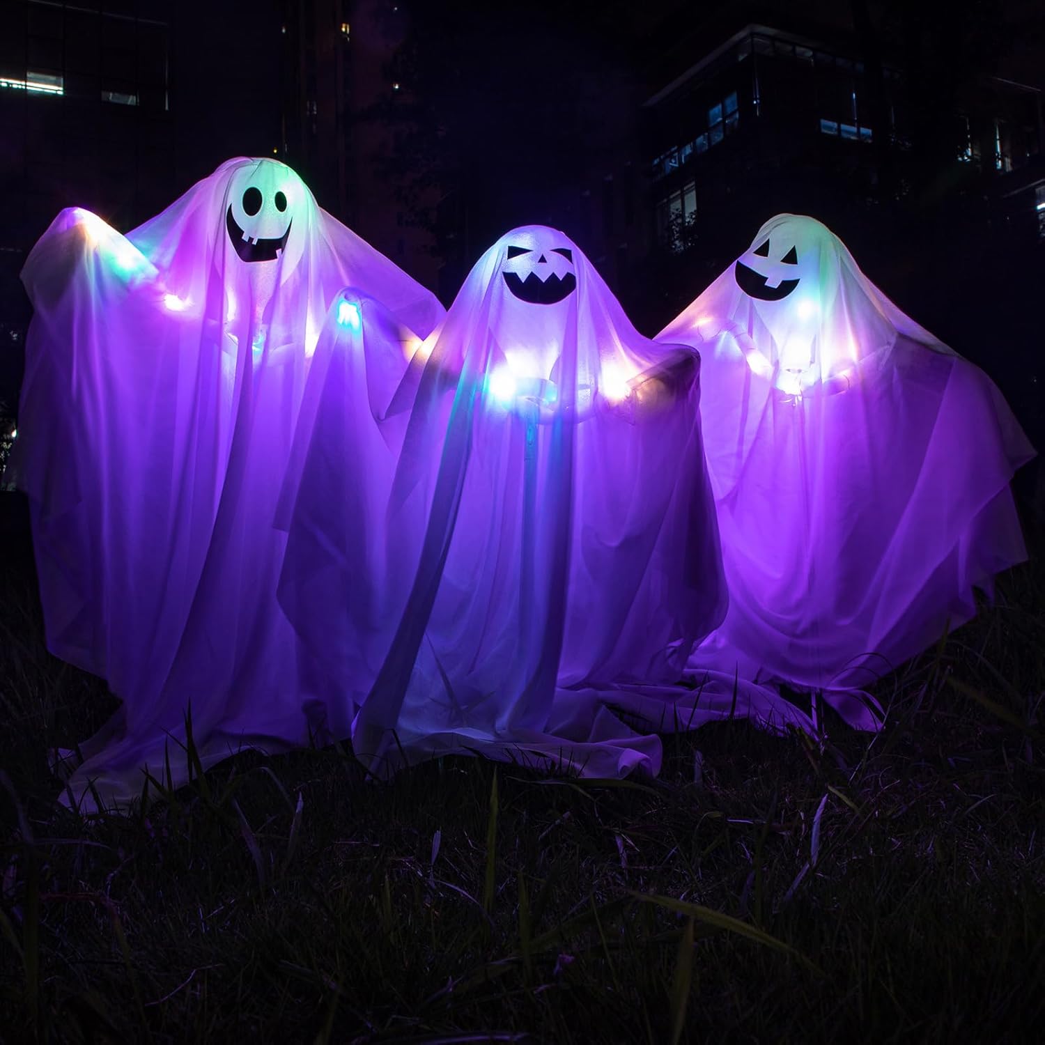 Decorative Garden Stakes - Huwena 3 Pcs Halloween Ghost Yard Stakes with Light up Haunted Cloth Ghost Stakes Halloween Stakes Yard Decoration with LED Lights for Lawn Graveyard House Outdoor Decor (Fancy,19.69 x 7.87 Inches)