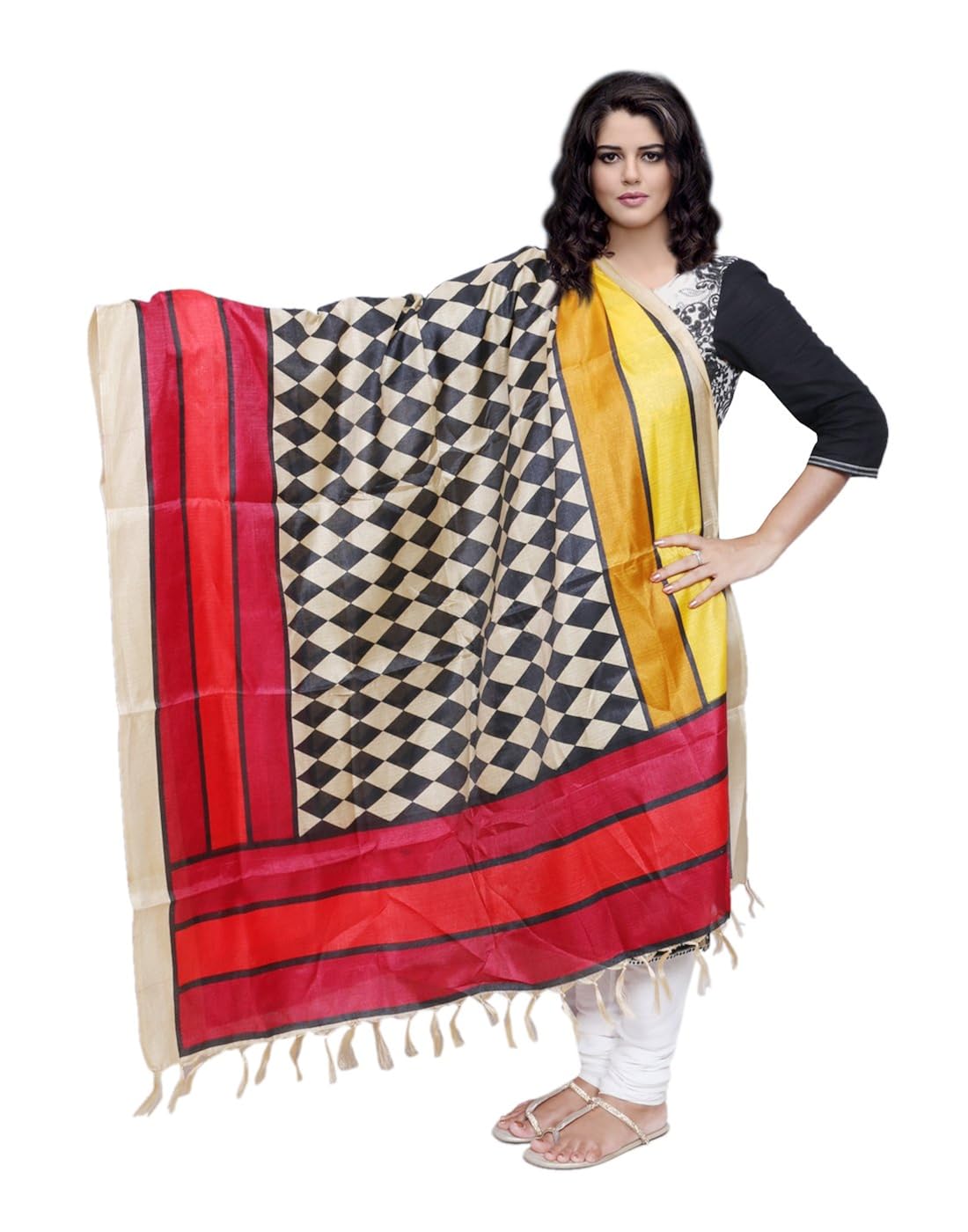 indiweaves women bhagalpuri/tussar silk digital print black+red dupatta