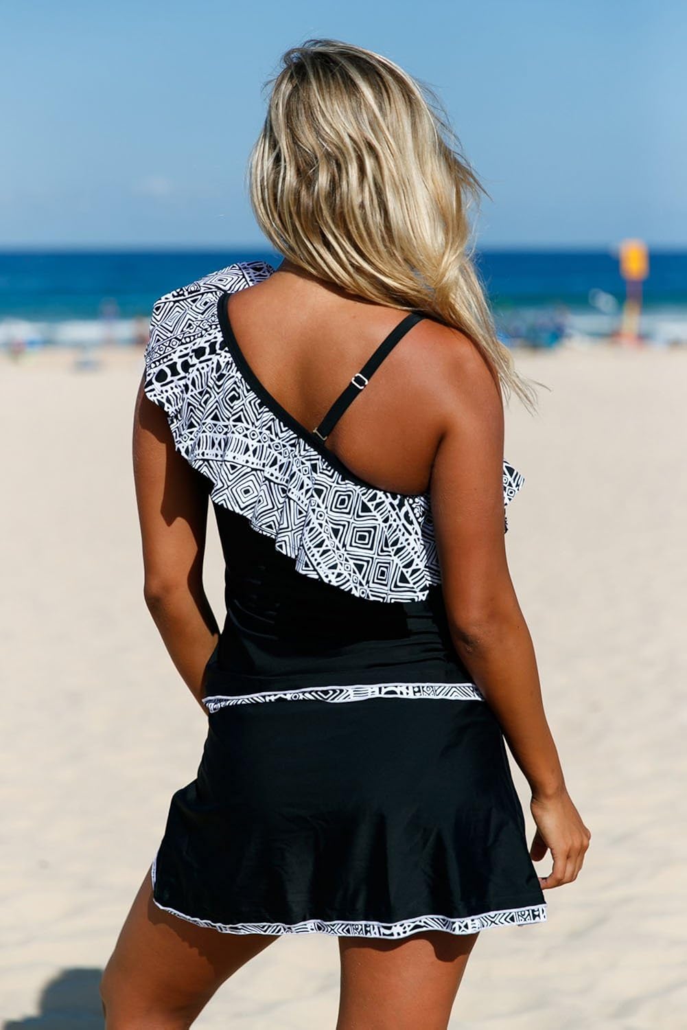 boldgal women's beach one-shoulder swim geometry ruffle tankini (black)