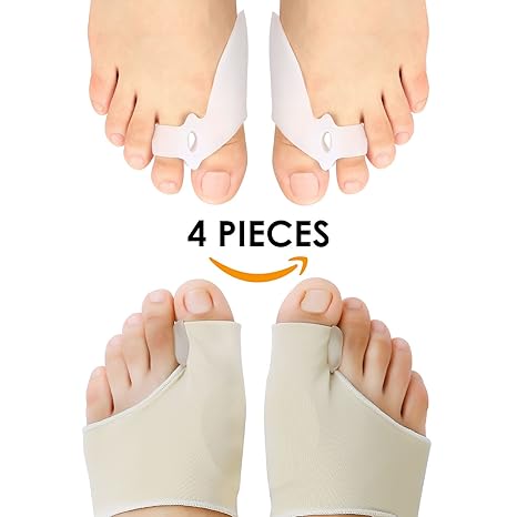 Hallux Valgus Korrektur Zehenspreizer Silikon, Faireach Bunion Corrector Set mit Fußballen Bandage Socken und Gel Zehenstrecker, Hallux Valgus Pediküre für Herren und Damen, 4 Stück, Mittel/Groß