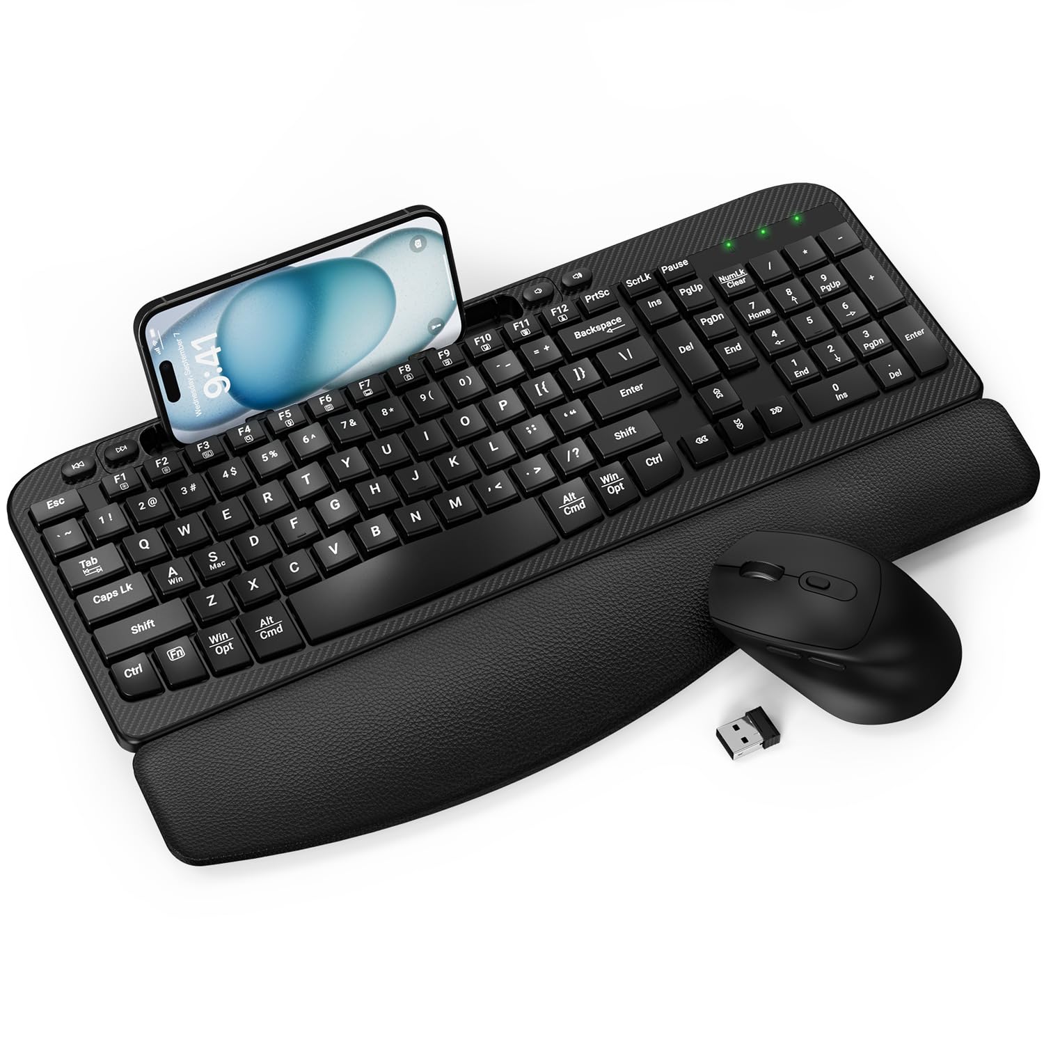 Photo 1 of Wireless Keyboard and Mouse Combo, Wave Keys Full-Sized Ergonomic Keyboard with Cushioned Plam Rest, Phone Holder, Comfortable Natural Typing, 2.4G Cordless Set for Computer, Laptop, PC, Mac, Windows