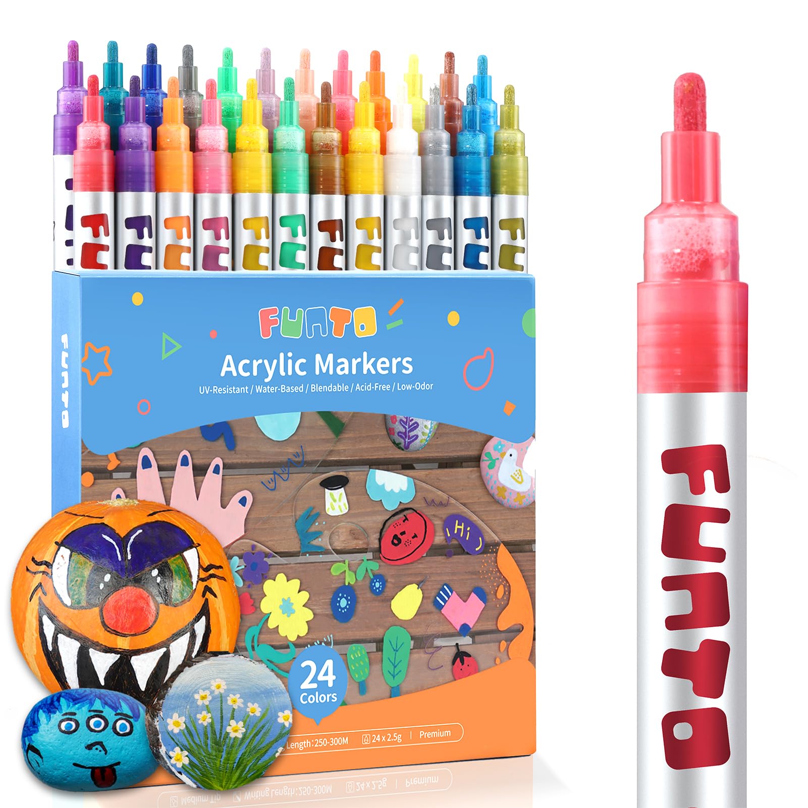 Funto Acrylic Paint Pens for Rock Painting, Fabric, Wood, Canvas, Metal, Ceramic, Glass, Scrapbooking Craft, 24 Colors Paint Marker Set, Medium Tip, Non-Toxic, Quick Drying
