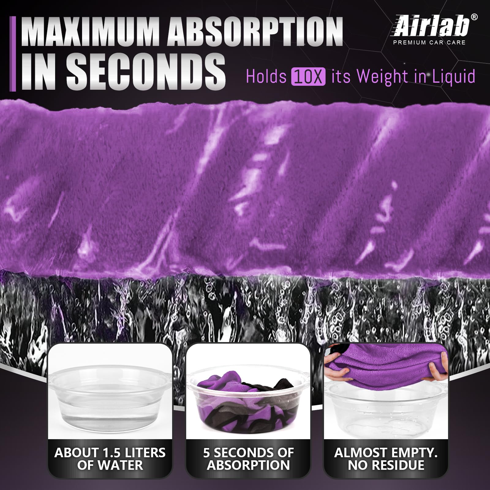 Airlab XXL Trockentuch Auto Mikrofasertücher 90X60 cm, Poliertücher Auto Tuch Zum Trocknen, Großes Microfasertuch für Autopflege, Saugstark & Lackschonend, Lila & Grau, 500 GSM 4