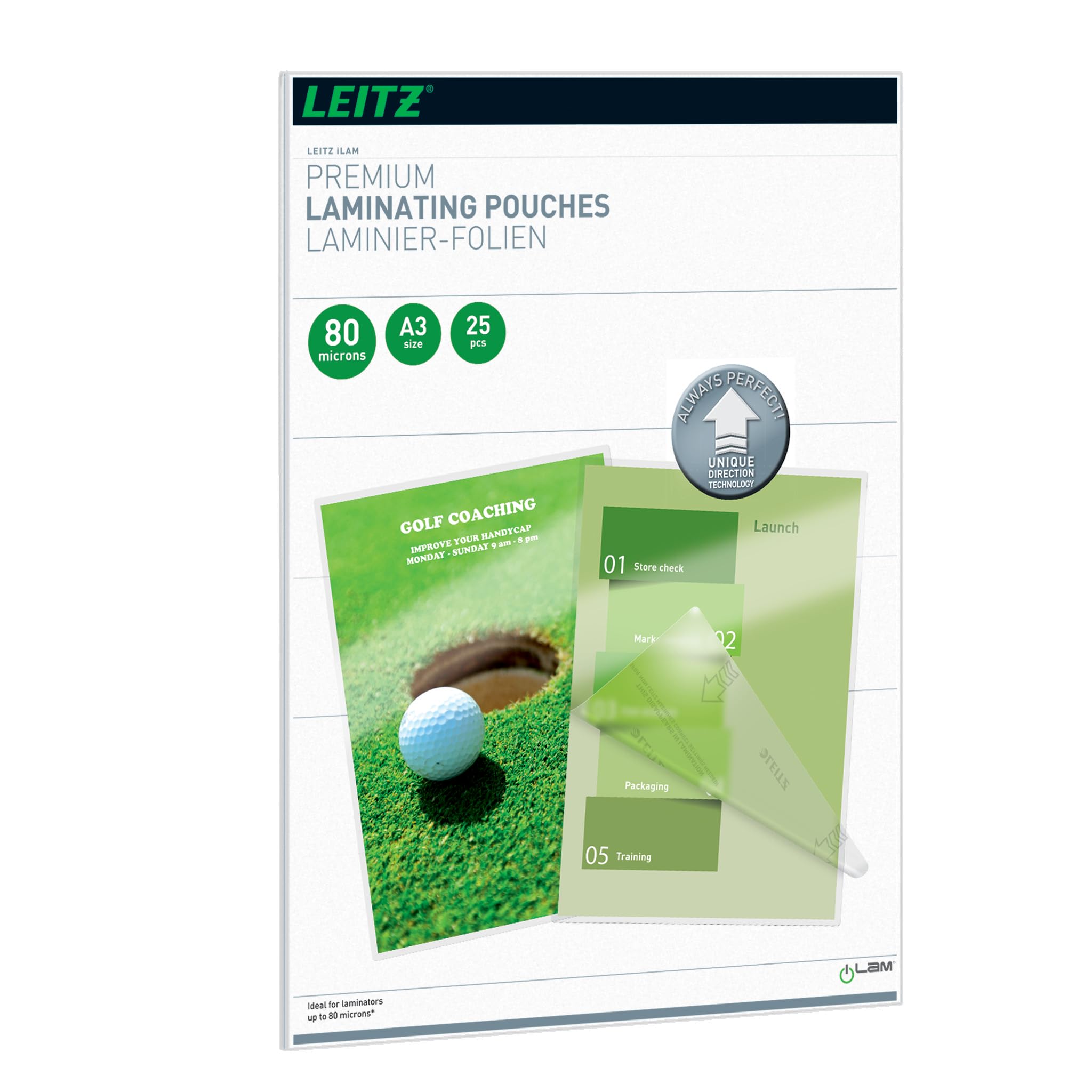 Leitz 748600000 Laminating Pouches Made of 80 Micron Thick Material (Transparent, Glossy, A3 and UDT) - Pack of 25