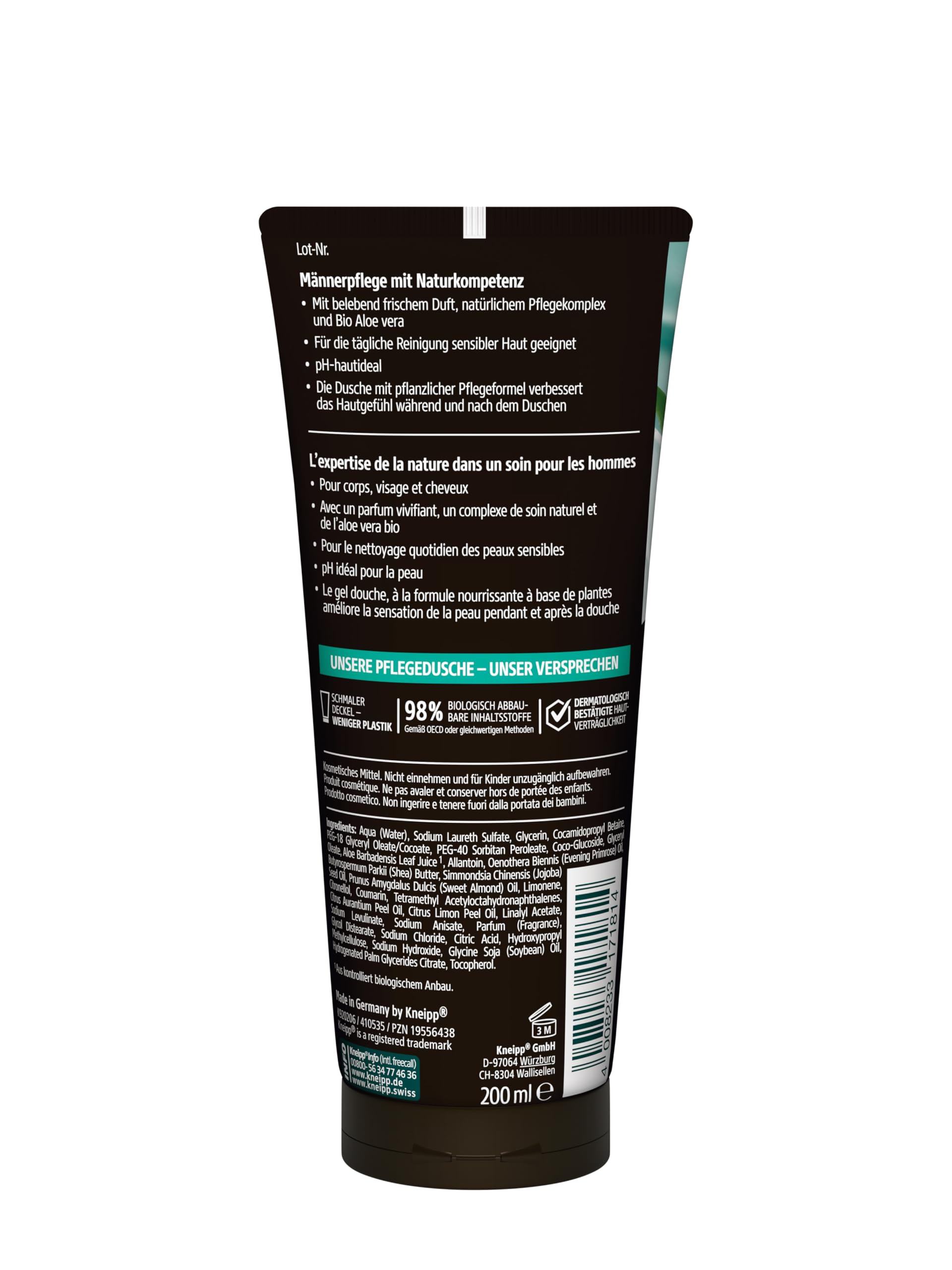 Kneipp MEN 3 in 1 Pflegedusche Sensitiv - Für Haut, Haar & Gesicht - Bio Aloe Vera - Hautberuhigendes Duscherlebnis - 200ml 2