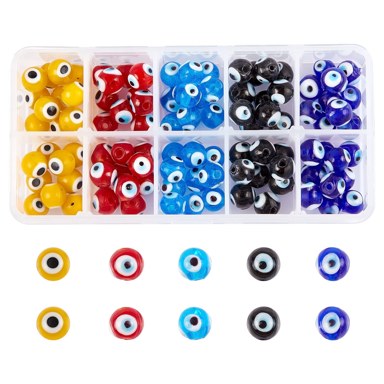 NBEADS 1 Box Round Evil Eye Handmade Glass Lampwork Beads Charms Spacer Beads for Bracelets Necklace Jewelry Making, about 10mm In Diameter, Hole: 1mm
