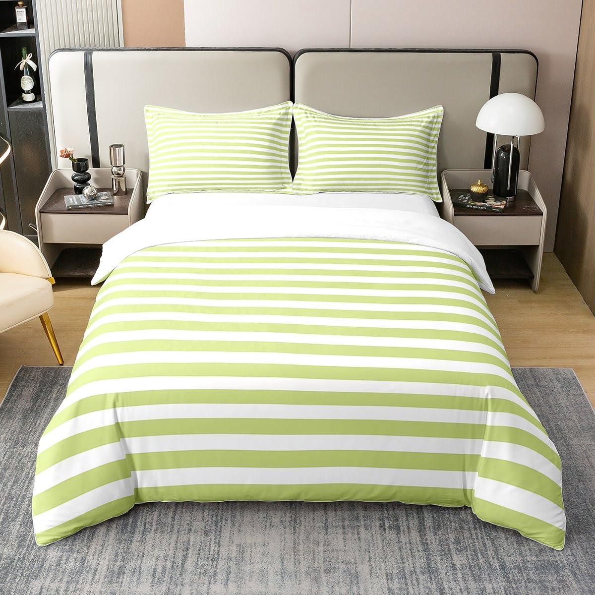 100% Cotton White Green Striped Duvet Cover for Kids Boys Girls Adult Ticsuper King Stripes Farmhouse Comforter Cover Double Gothic Horizontal Stripes Geometric Lines Bedding Set Modern Quilt Cover