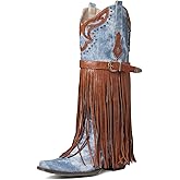 SaraIris Women's Western Bootie, Fashion Pointed Toe, Chunky Heel, Embroidered, Fringe, Pull-On, Mid Calf Boots, 2.75 inches, Knee High, PU, Denim, Rubber