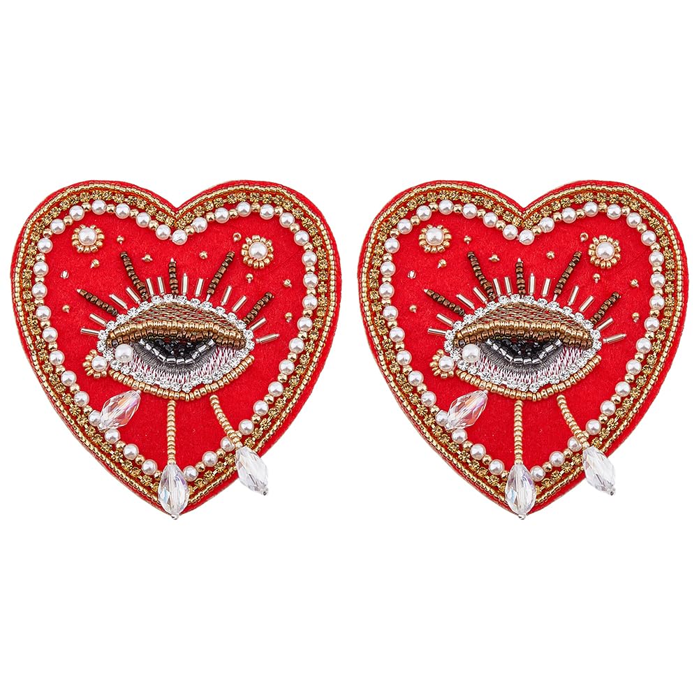 SUPERFINDINGS 2Pcs Red Weeping Eye Appliques Patch Embroidery Sew on Clothing Patches 85x84x10mm Vintage Pearl Glass Beaded Sewing Handmade Polyester Cloth Patches