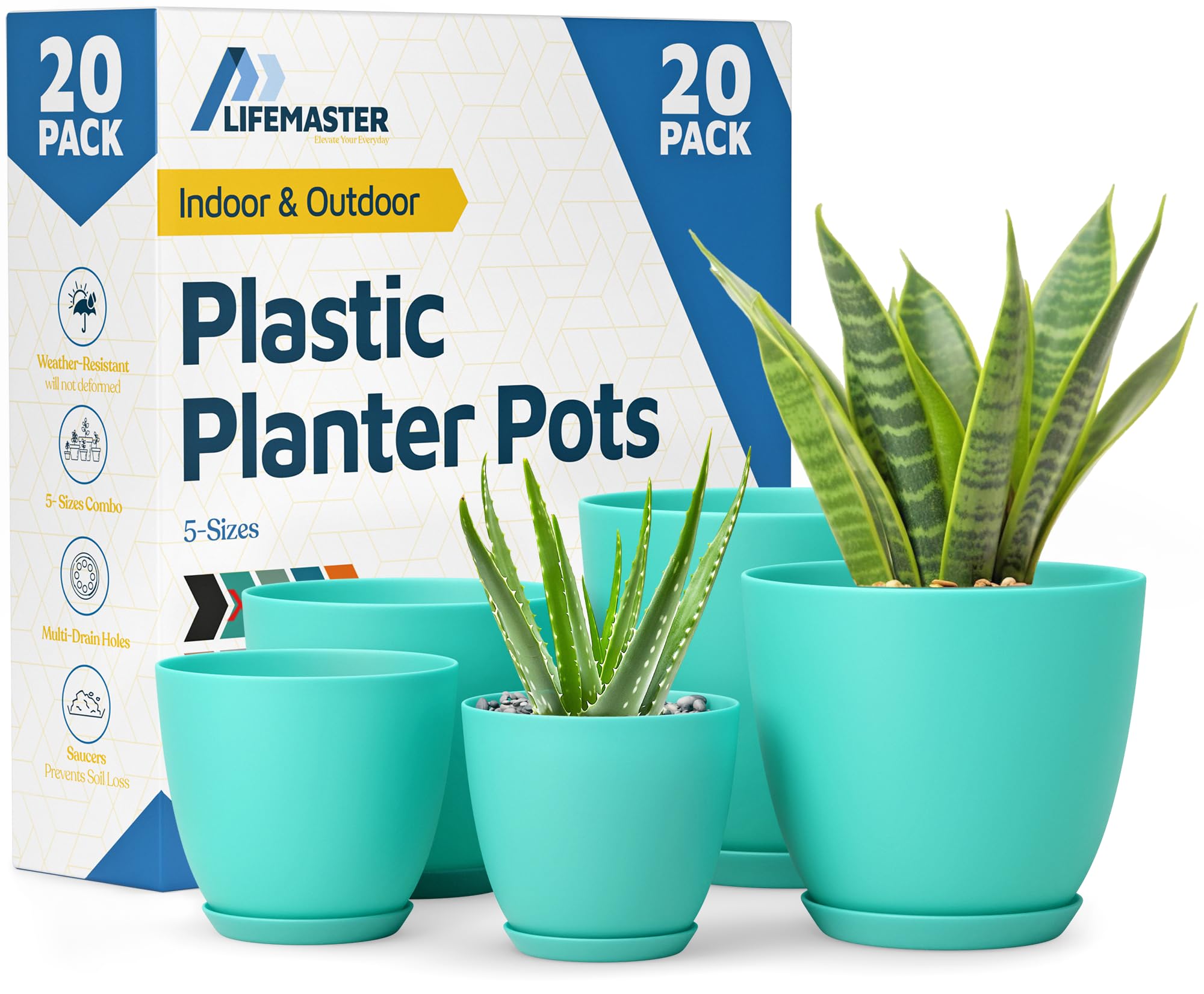 Photo 1 of Planter Pots with Drainage Holes - Lightweight, Durable, and Space-Saving Pots for Indoor and Outdoor - Versatile Functionality, Simple Modern Design, Set of 20 Plastic Planter Pots - Aqua