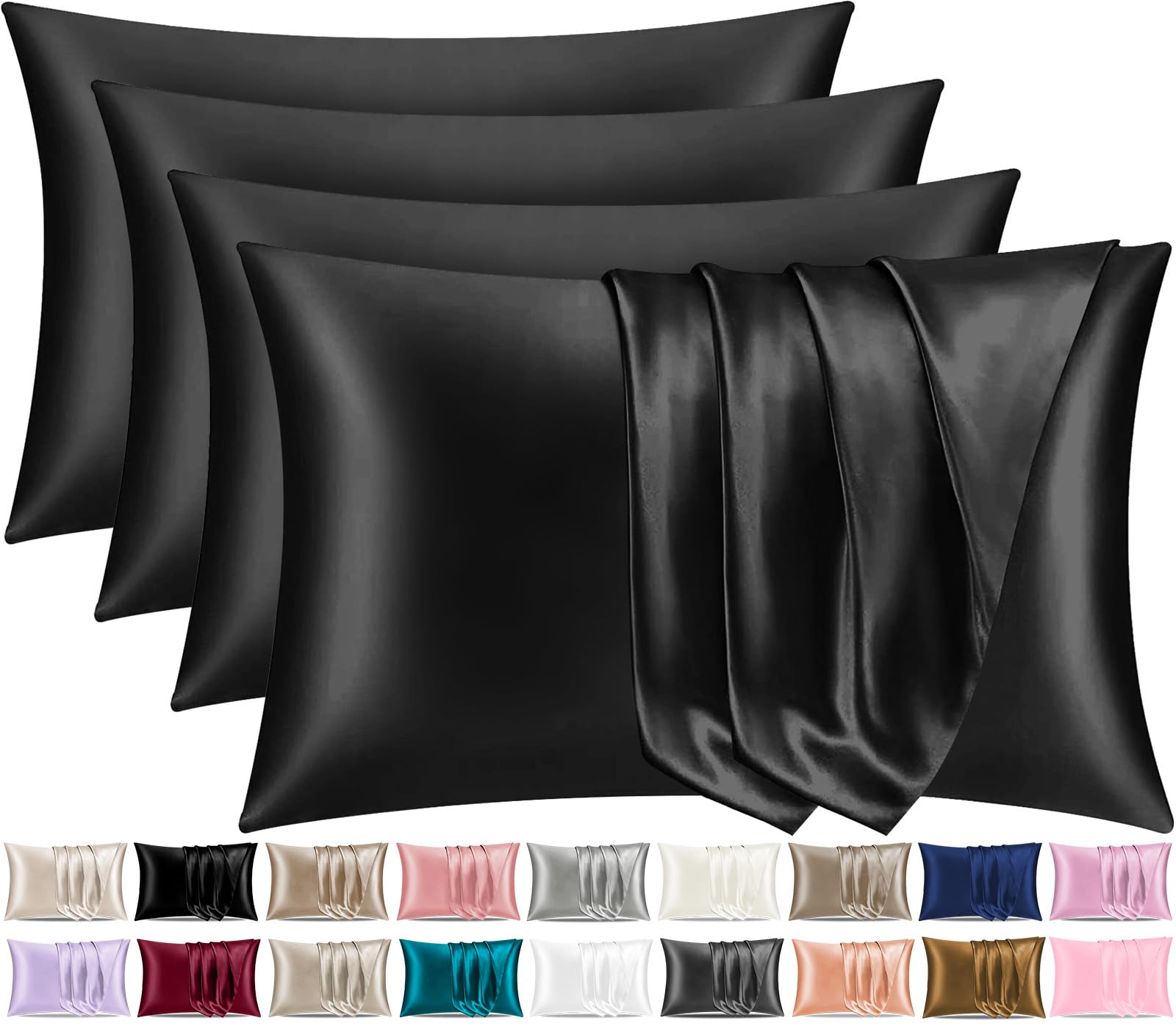 Pamposh Satin Silk Pillowcases For Hair And Skin 2 Pack Standard Size with Envelope Closure (Midnight Black, 4 Pcs Pillowcases (50 x 75 cm))