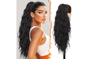 BARSDAR Black Brown Drawstring Ponytail Extensions - 26 Inch Long Curly Wavy Ponytail Hair Extensions for Women, Synthetic Dr