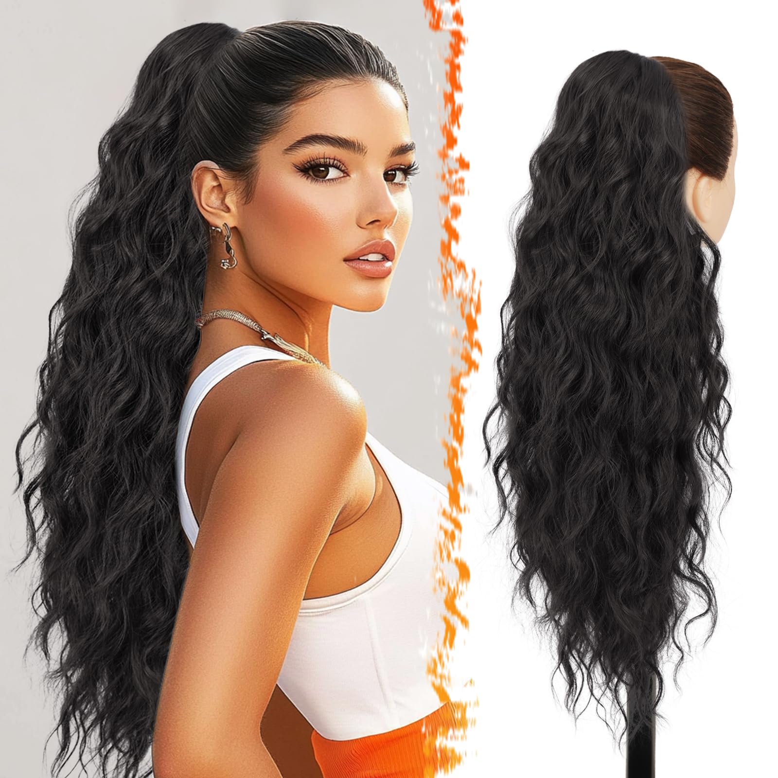 Photo 1 of BARSDAR Black Brown Drawstring Ponytail Extensions - 26 Inch Long Curly Wavy Ponytail Hair Extensions for Women, Synthetic Drawstring Clip in Pony Tails Hairpieces Daily - Black Brown