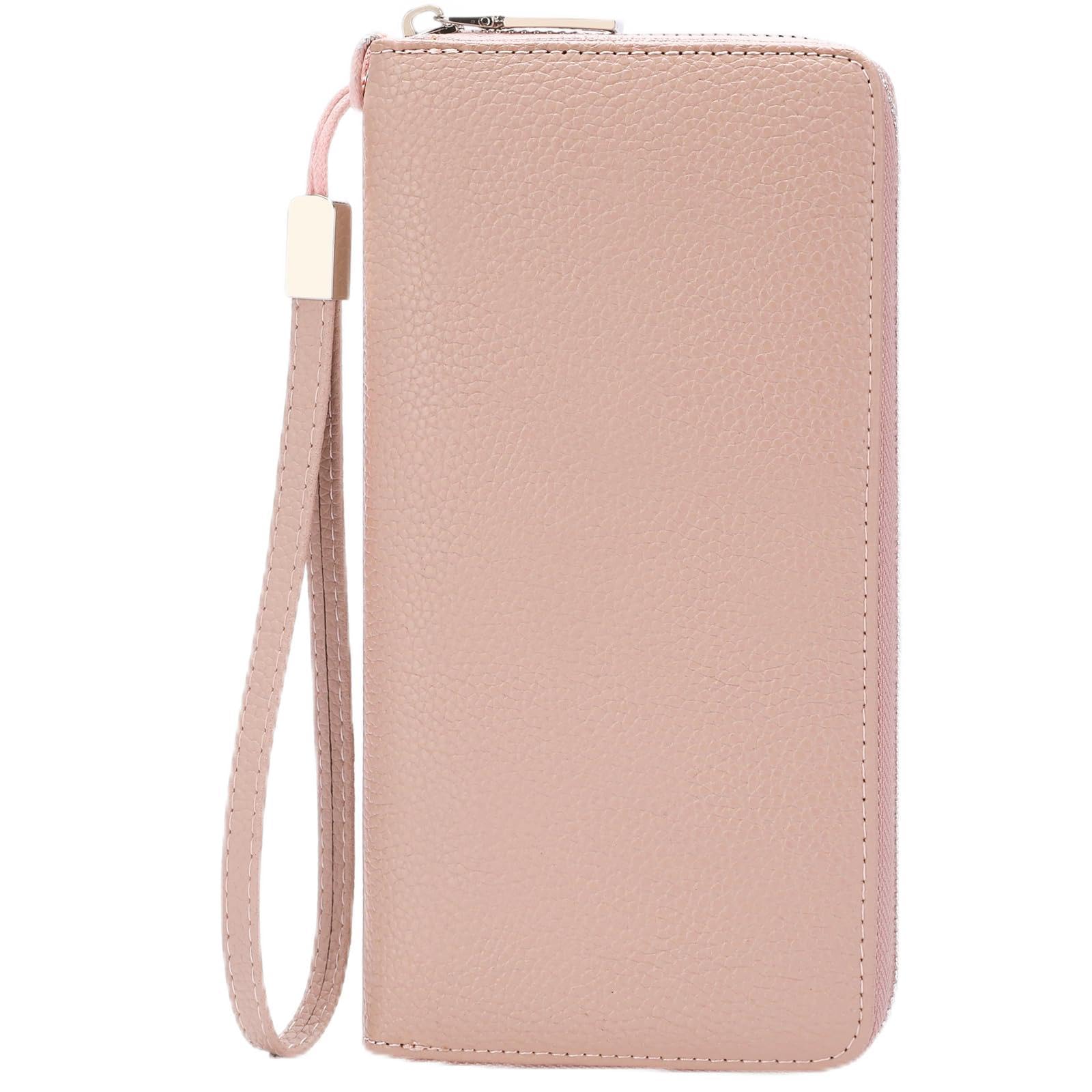 GOIACII Leather Women's Wallets, Large Capacity Long Ladies Purse Card Holder Purse for Women with RFID Blocking and Detachable Wrist Pink