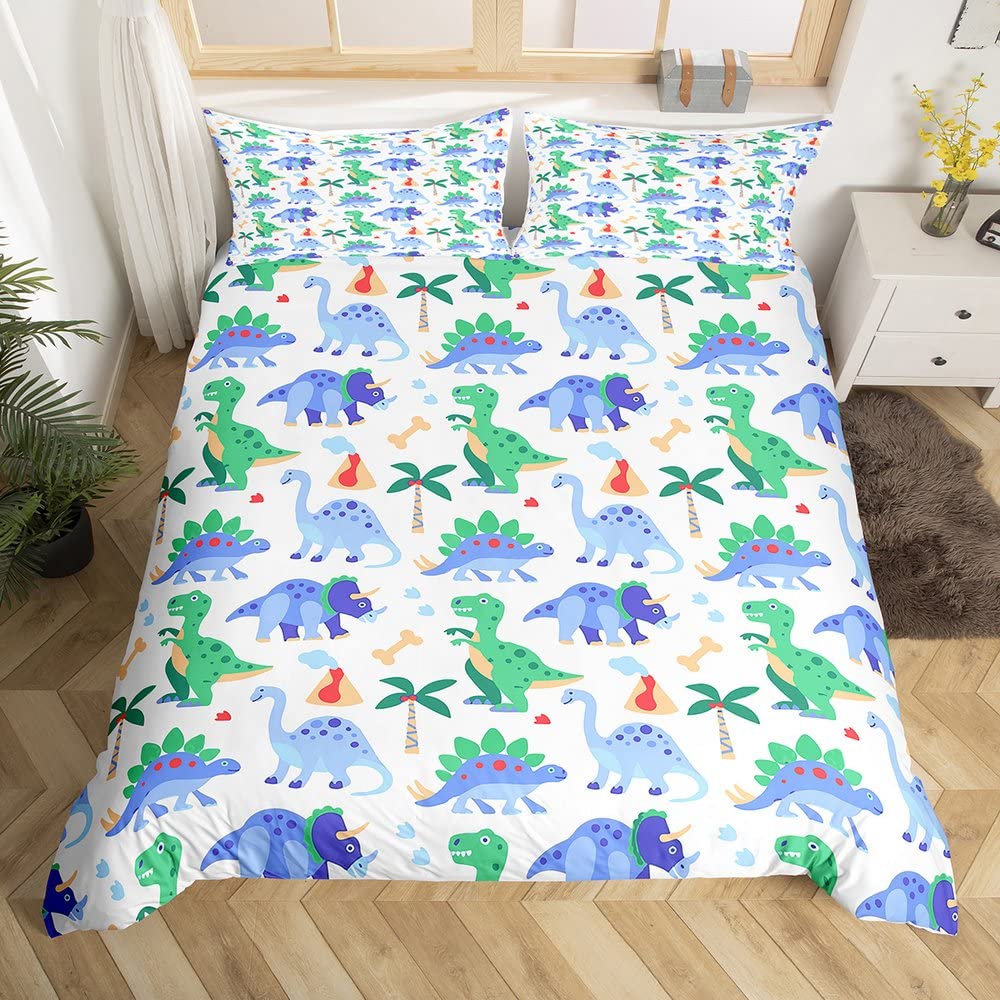 Loussiesd Dinosaur Duvet Cover Set for Kids Toddler Cartoon Dino Bedding Set Cute Dinosaur Comforter Cover Super King