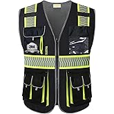 PACIFIC 10 Pockets Class 1 Safety Vest for Men, 3M High Visibility Reflective Strips, Meets ANSI/ISEA Standard, Black, Medium