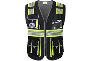 PACIFIC 10 Pockets Black Safety Vest for Men and Women, 3M High Visibility Reflective Construction Mesh Fabric Cushioned Coll