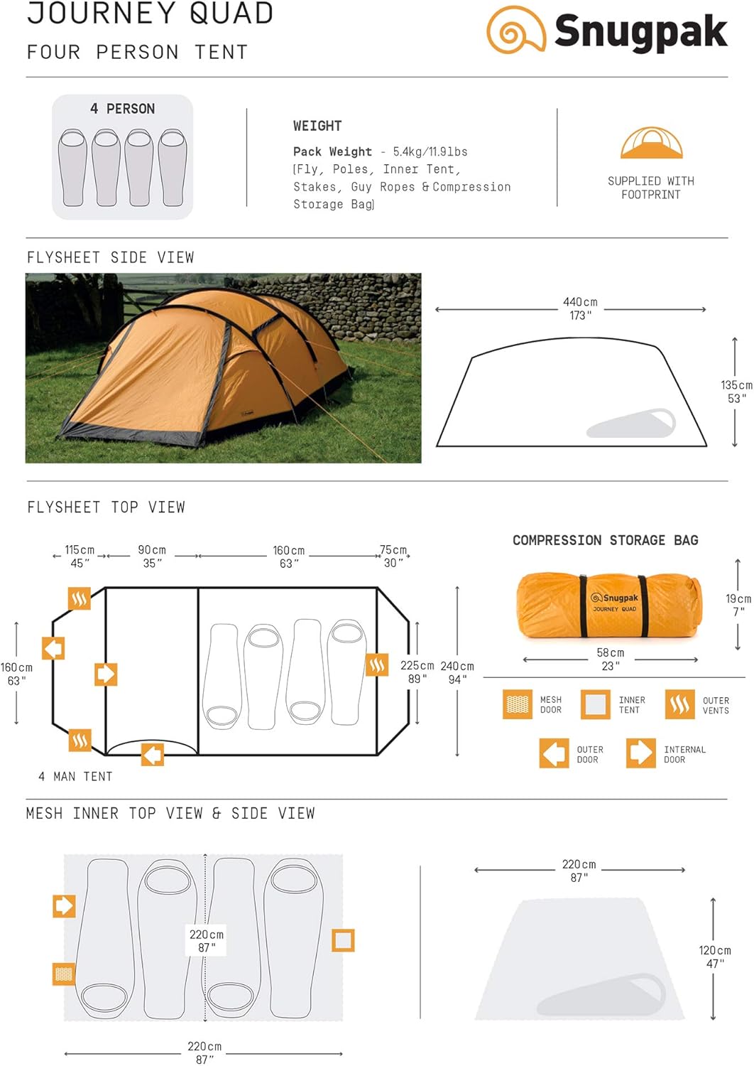 Amazon Snugpak スナグパック ジャーニー クアッド 4人用 ドーム型テント フットプリント付属 防風 耐水圧4000 おうちキャンプ 釣り イベント 日本正規品 Snugpak スナグパック テント本体