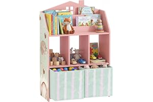 Qaba Kids Bookshelf with Storage, Toy Storage Unit with Book Display, Shelves and Fabric Drawers, Multipurpose Children's Boo