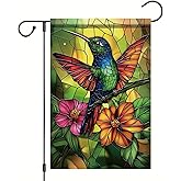 Starlit Patio Stained Glass Hummingbird Garden Flag 12x18 Double Sided Spring Summer Yard Flag Fall Floral Decorative Flags for Outside Small Seasonal Lawn Flags Rustic Outdoor Decor