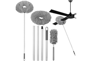 DUKARS Ceiling Fan Cleaner Duster,Extra Long Dusters with Extension Pole 47 inch for Cleaning, Circle Shape Microfiber Reusable Duster & Flexible Brush, Ceiling Fan Duster for High Ceilings, Furniture (Grey)