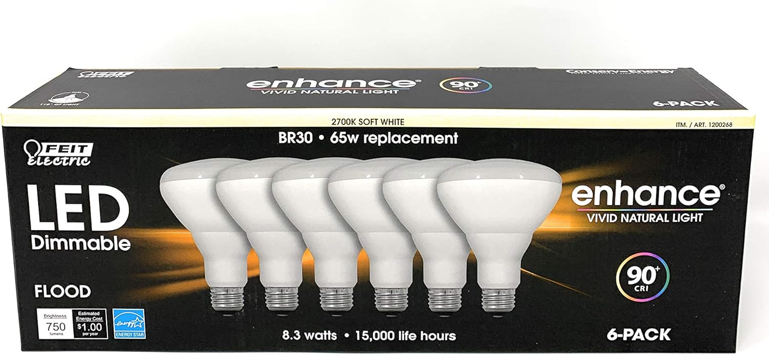 Feit 65W Equivalent Soft White BR30 Dimmable Enhance LED Light Bulb (6