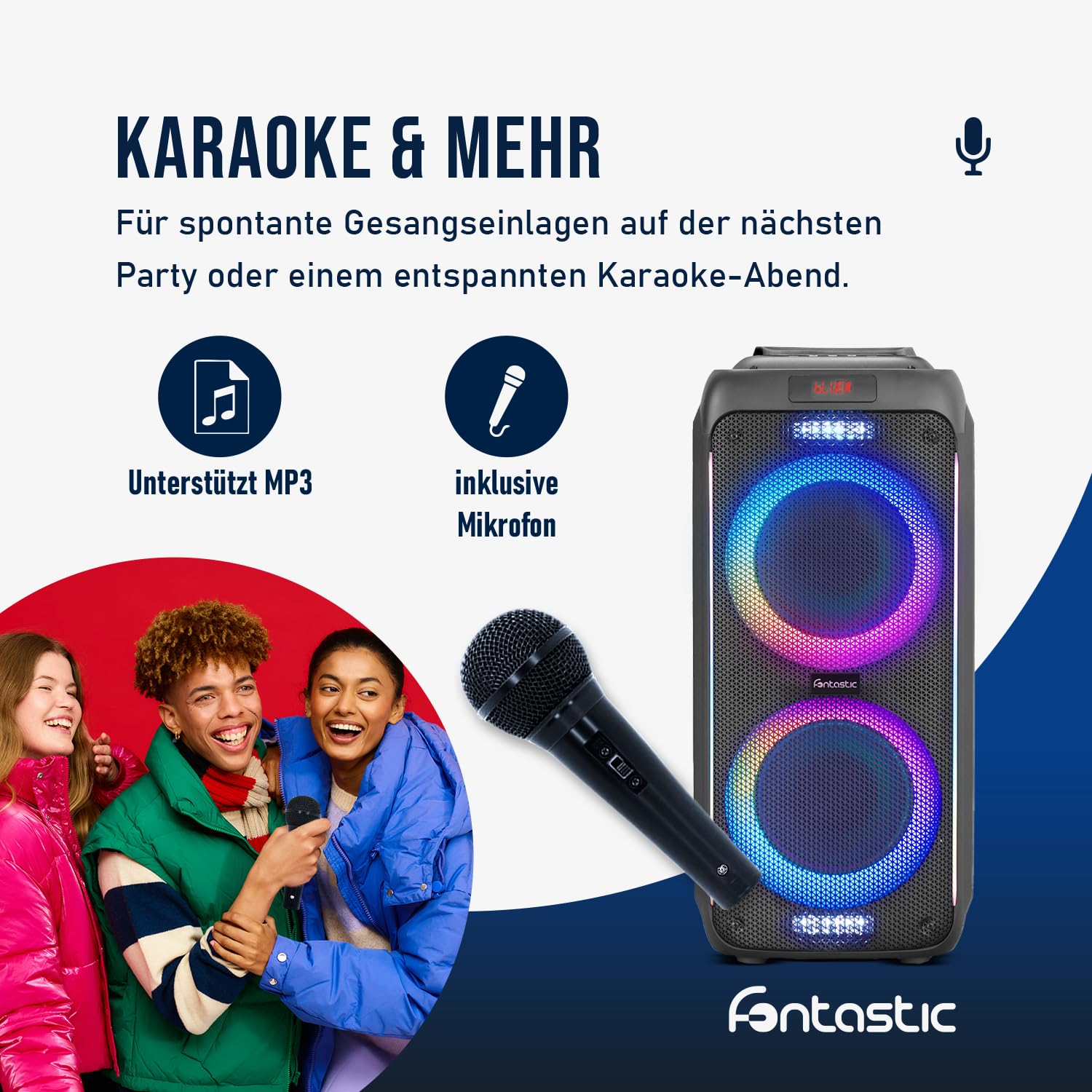 Fontastic Party-Lautsprecher Zeal - Bluetooth Lautsprecher mit USB-Wiedergabe, AUX und MicroSD - Karaoke Box mit Mikrofon und LED Leuchteffekten - tragbares Soundsystem - Schwarz (Zeal 600) 6
