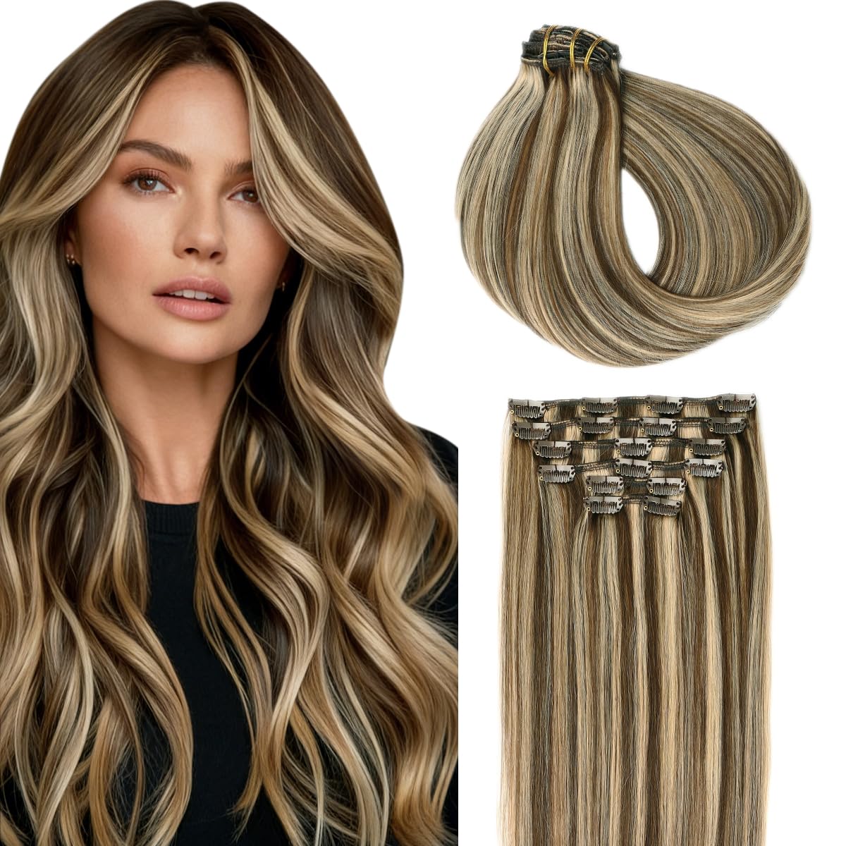 SURNEL Clip in Human Hair Extensions Silk Soft Remy Human Hair Color 4 Medium Brown Highlighted 27 Caramel Blonde Clip in Hair Extensions 18 inch 120 Gram 6 Pcs Double Weft (C#4P27, 18'') — image 1