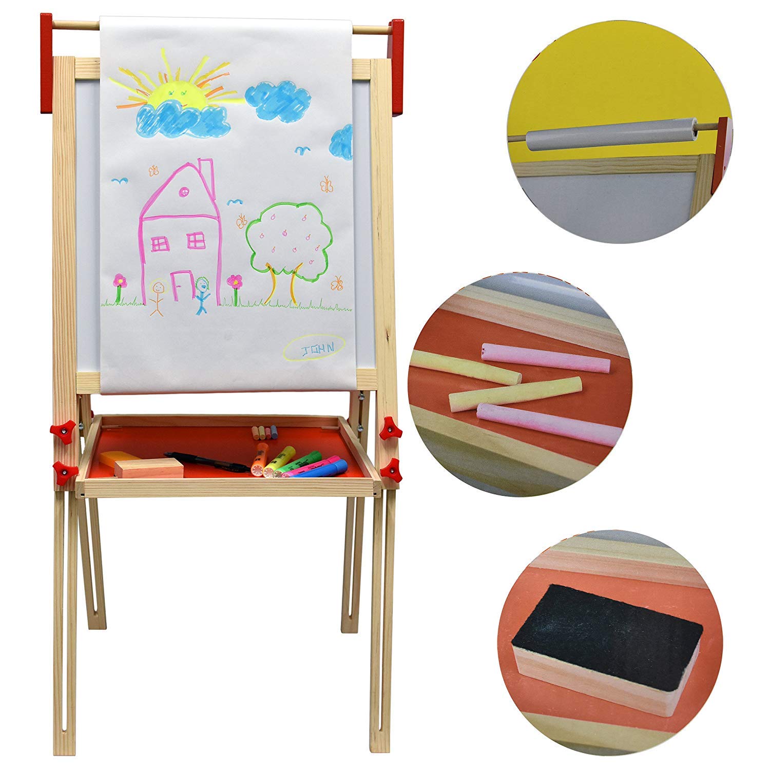 Deluxe Standing Art Easel, Dry-Erase Board Chalkboard Magnetic Whiteboard Paper Roll and Accessories, Ultimate All-in-One Wooden Kid's Art Easel