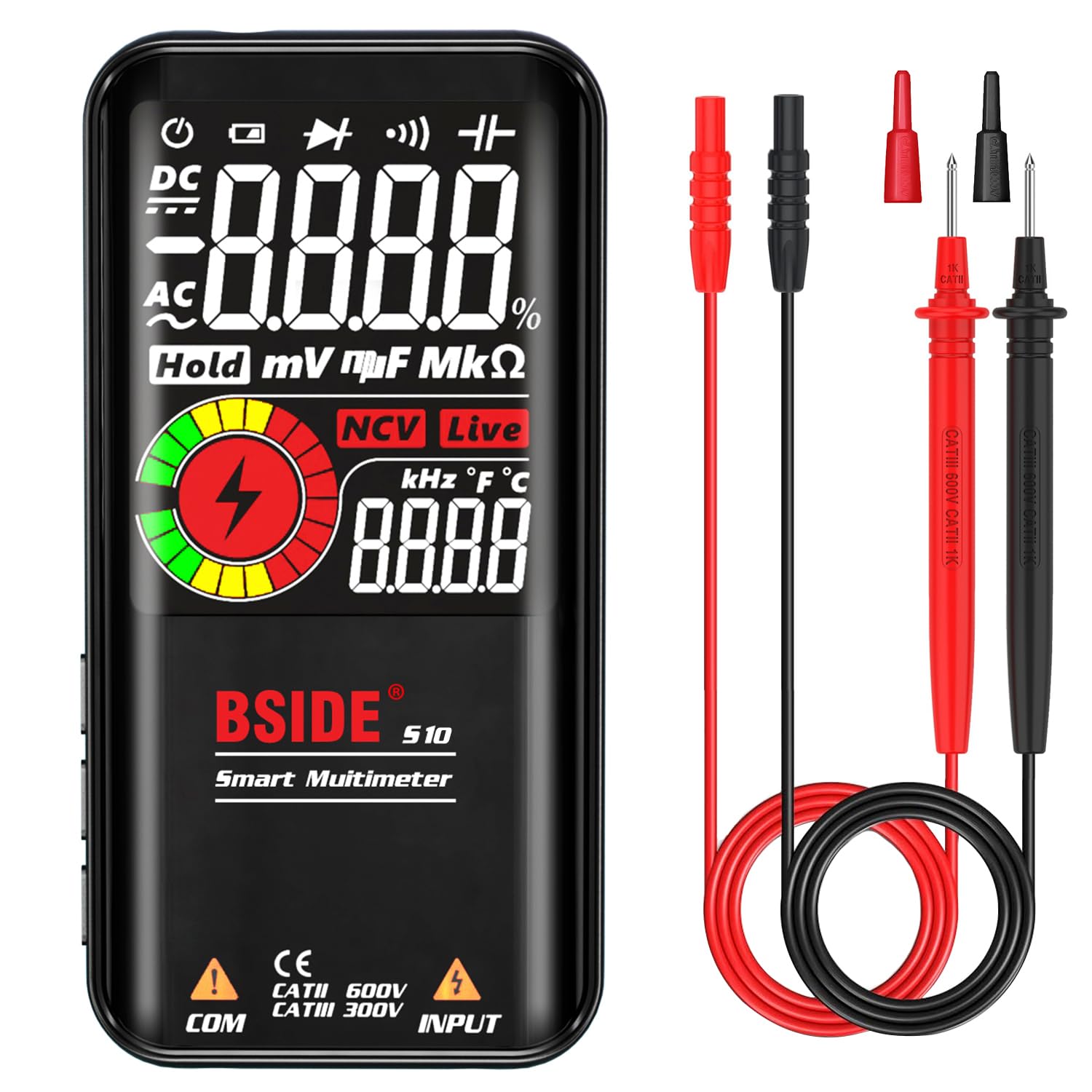 BSIDE Digital Multimeter, EBTN LCD 3 Results Display, 9999 Counts Auto-Ranging Voltmeter Capacitance Resistance Continuity Frequency Diode Duty Cycle Live Check Voltage Tester with Flashlight