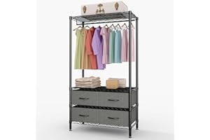 Heavy-Duty Garment Rack with 4 Storage Drawers & Hanging Rod, Freestanding Metal Clothing Rack with Adjustable Shelves, Space