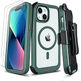 Defender for Clear iPhone 13 Case with Belt Clip Holster + 2 Screen Protectors, Compatible with MagSafe, Anti-Yellowing, Full-Body Phone Cover for iPhone 13 Case (Clear & Green)