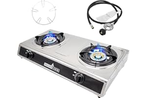 RegiisCook Double Burner Propane Gas Cooktop,Camping Portable LPG Gas Stove, Auto Ignition Stainless Steel Countertop with regulator and burner grate
