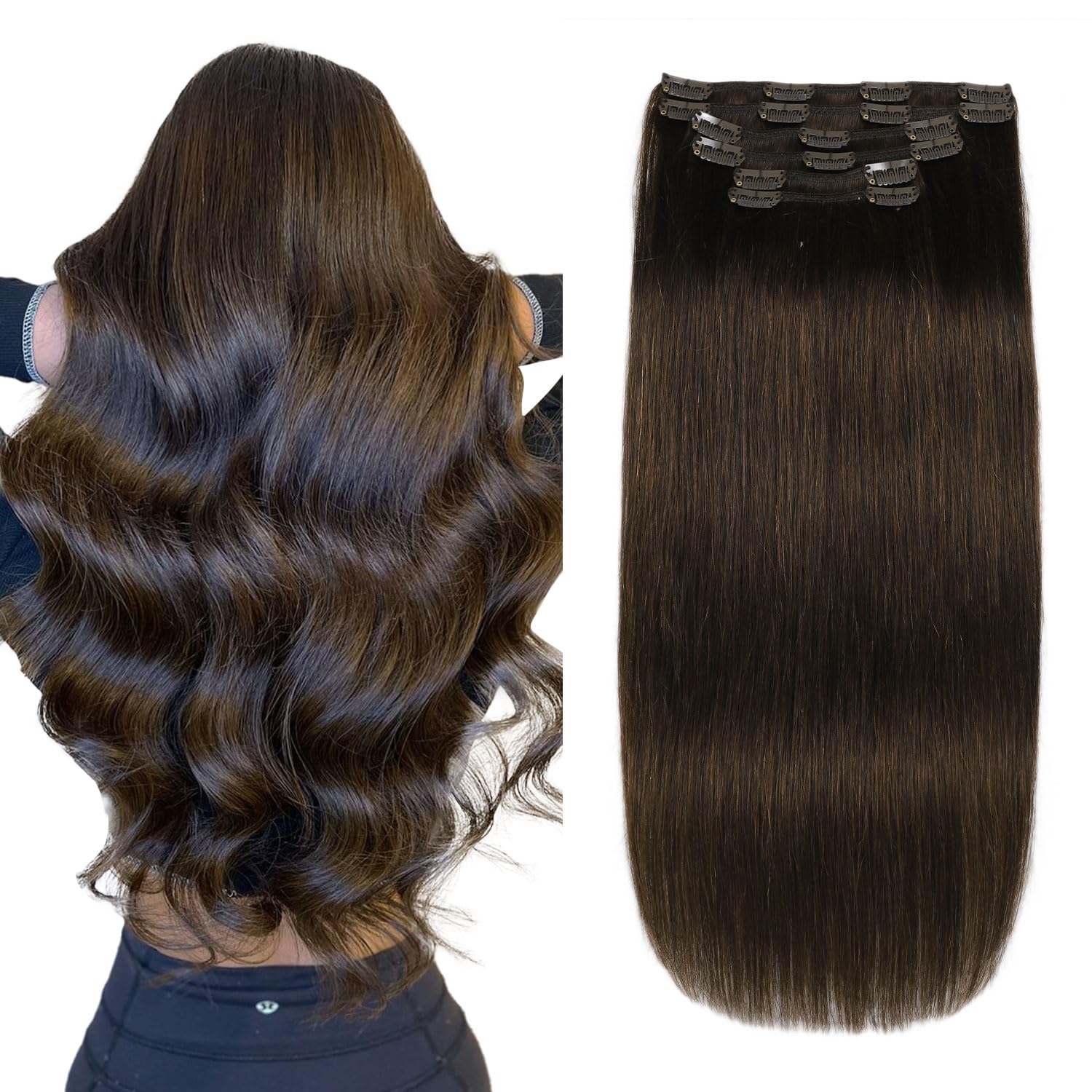 XDhair Clip in Hair Extensions 22Inch 120g 6pcs Dark Brown Hair Extensions Real Human Hair Straight Silky Human Hair Clip in Extensions#2 22inch