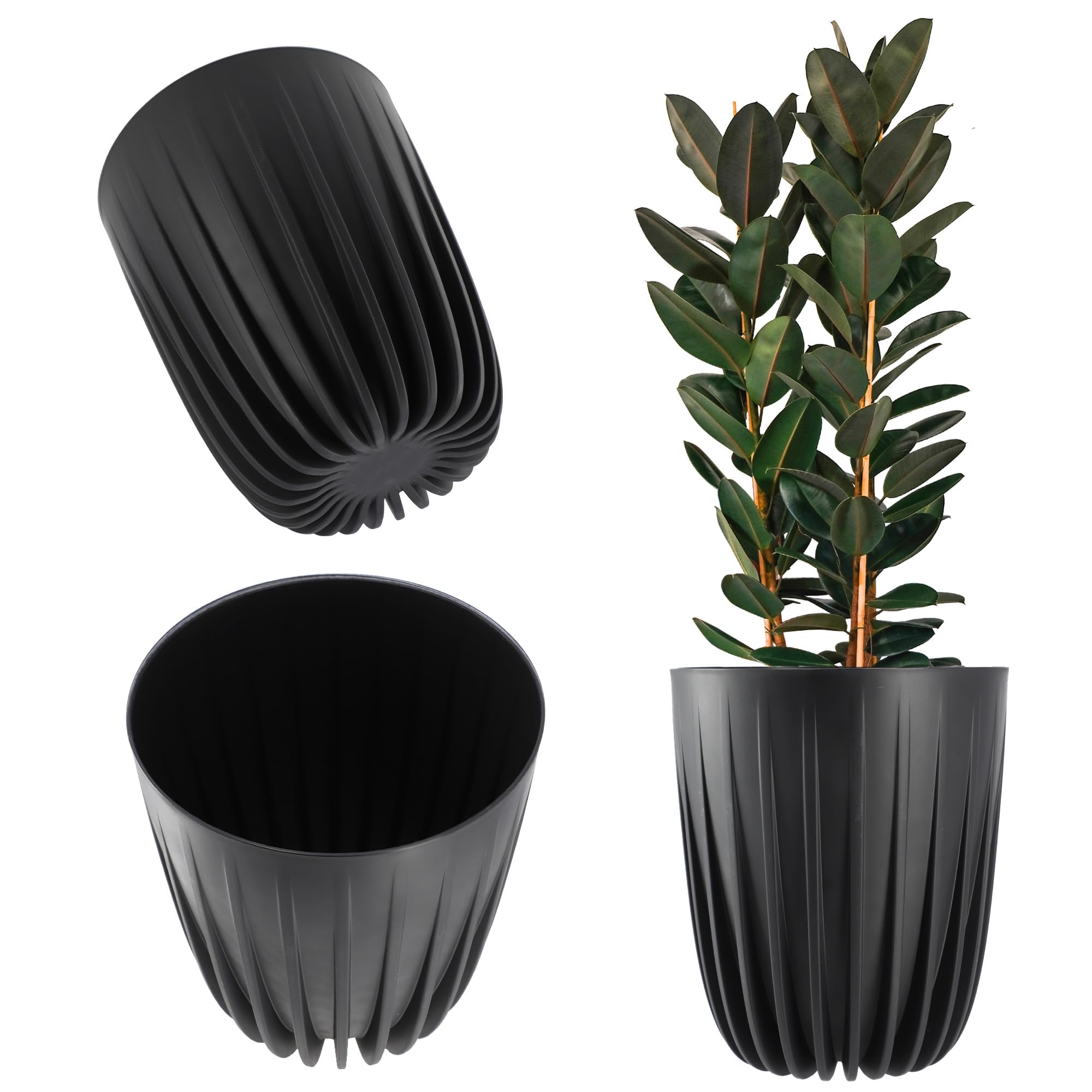 KADAX Plastic Flower Pot with Natural Materials, Modern Plant Pot, Round Flower Pot with Insert, Black (Diameter 19 cm)